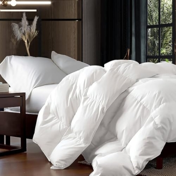 Luxurious Oversized King 108" x 98" Size Goose Down Fiber Waterfowl Feather Fiber Comforter Duvet, 100% Egyptian Cotton Cover, 65 oz. Fill Weight, Baffle Box Design, White Solid