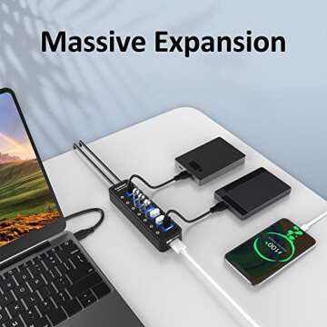 vantisan USB Hub 3.0 Powered, 7 Ports USB Data Hub Splitter with One Smart Charging Port and 5V/4A Powered Adapter and ON/Off Switches for MacBook, Mac Pro/Mini, iMac, Surface Pro Laptop/PC