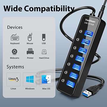 vantisan USB Hub 3.0 Powered, 7 Ports USB Data Hub Splitter with One Smart Charging Port and 5V/4A Powered Adapter and ON/Off Switches for MacBook, Mac Pro/Mini, iMac, Surface Pro Laptop/PC