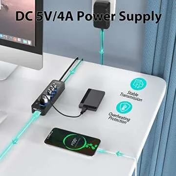 vantisan USB Hub 3.0 Powered, 7 Ports USB Data Hub Splitter with One Smart Charging Port and 5V/4A Powered Adapter and ON/Off Switches for MacBook, Mac Pro/Mini, iMac, Surface Pro Laptop/PC