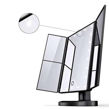 Lighted Makeup Mirror with 22 LEDs - Vanity Mirror with Lights - 10X/3X/2X Magnification and Touch Screen - 180 Degree Rotation - Cosmetic Make Up Trifold Table Light Up Mirrors for Travel (Black)