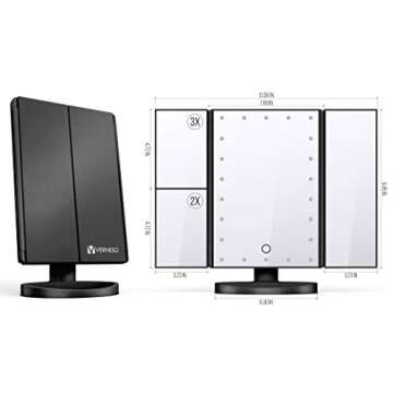 Lighted Makeup Mirror with 22 LEDs - Vanity Mirror with Lights - 10X/3X/2X Magnification and Touch Screen - 180 Degree Rotation - Cosmetic Make Up Trifold Table Light Up Mirrors for Travel (Black)