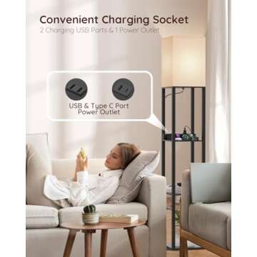 PAZZO Floor Lamp with Shelves, Shelf USB Floor Lamp, 3 Color Temperatures Solid Wood Floor Lamp with 2 Charging Ports and 1 Power Outlet, Lamps for Livingroom Bedroom, Bulb Included, Matt Black