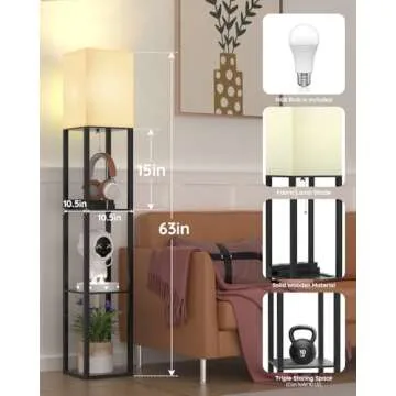 PAZZO Floor Lamp with Shelves, Shelf USB Floor Lamp, 3 Color Temperatures Solid Wood Floor Lamp with 2 Charging Ports and 1 Power Outlet, Lamps for Livingroom Bedroom, Bulb Included, Matt Black