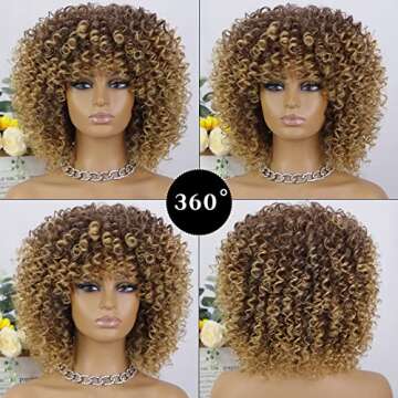 AISI QUEENS Afro Wigs For Black Women Short Kinky Curly Brown Mixed Blonde Synthetic Wig with Bangs Heat Resistant Wigs With Wig Cap