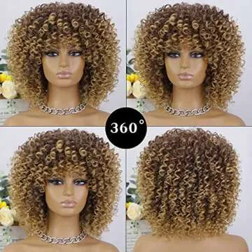 AISI QUEENS Afro Wigs For Black Women Short Kinky Curly Brown Mixed Blonde Synthetic Wig with Bangs Heat Resistant Wigs With Wig Cap