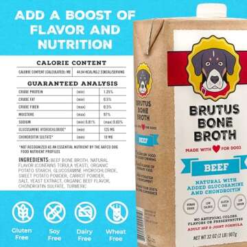 Brutus Beef Bone Broth for Dogs and Cats - All Natural Dog Bone Broth with Chondroitin Glucosamine & Turmeric -Human Grade Dog Food Toppers for Picky Eaters & Dry Food -Tasty & Nutritious- Pack of 2