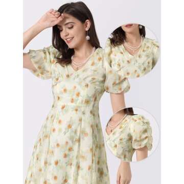 Allegra K Summer Organza Dress for Women's Puff Short Sleeve Summer Cinched Waist Floral Print Dresses Medium Apricot
