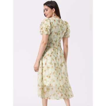 Allegra K Summer Organza Dress for Women's Puff Short Sleeve Summer Cinched Waist Floral Print Dresses Medium Apricot