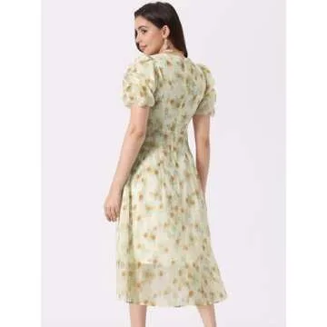 Allegra K Summer Organza Dress for Women's Puff Short Sleeve Summer Cinched Waist Floral Print Dresses Medium Apricot