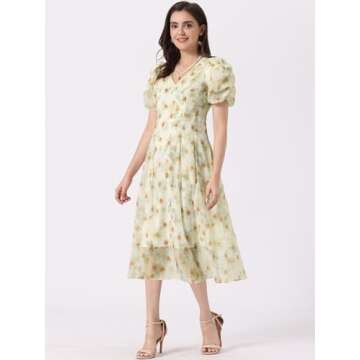 Allegra K Summer Organza Dress for Women's Puff Short Sleeve Summer Cinched Waist Floral Print Dresses Medium Apricot