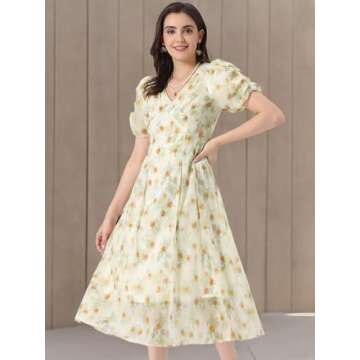Allegra K Summer Organza Dress for Women's Puff Short Sleeve Summer Cinched Waist Floral Print Dresses Medium Apricot