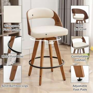 MEKLIBA Barstools Set of 2,Counter Height Bar Stools for Kitchen Island,26.8 Inch H Modern Upholstered Bar Chair, Swivel Counter Stools with Wood Back and Bamboo Legs (Beige-Pu)