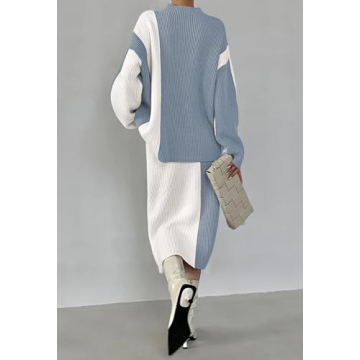 Pink Queen Women's 2 Piece Sweater Skirt Set Trendy Autumn Long Sleeve Mock Neck Oversized Pullover Tops High Waist Color Block Cocktail Party Dress Outfits Gray S