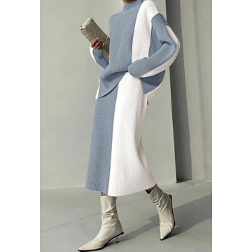 Pink Queen Women's 2 Piece Sweater Skirt Set Trendy Autumn Long Sleeve Mock Neck Oversized Pullover Tops High Waist Color Block Cocktail Party Dress Outfits Gray S