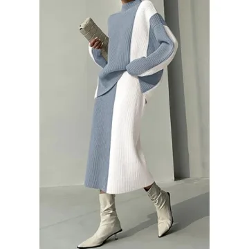 Pink Queen Women's 2 Piece Sweater Skirt Set Trendy Autumn Long Sleeve Mock Neck Oversized Pullover Tops High Waist Color Block Cocktail Party Dress Outfits Gray S