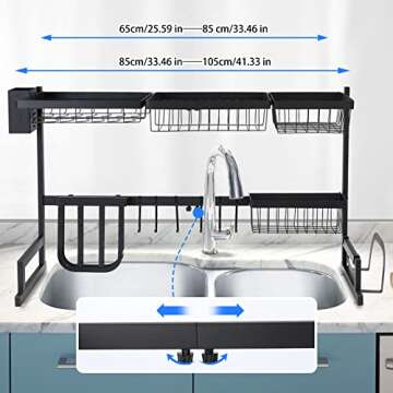 Baarrtt Over The Sink Dish Drying Rack, 2 Tier Racks for Kitchen Counter Pool Large Capacity Stainless Steel Dishes Drain Storage Organizer Shelf with Utensils Holders , Adjustable (33.5-43.3inch)