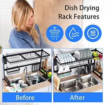 Baarrtt Over The Sink Dish Drying Rack, 2 Tier Racks for Kitchen Counter Pool Large Capacity Stainless Steel Dishes Drain Storage Organizer Shelf with Utensils Holders , Adjustable (33.5-43.3inch)