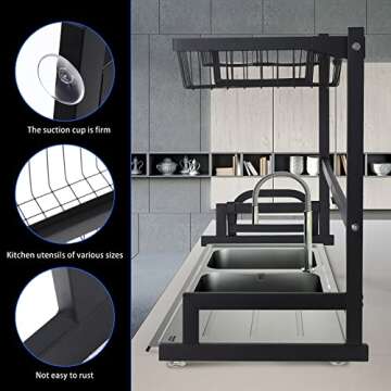 Baarrtt Over The Sink Dish Drying Rack, 2 Tier Racks for Kitchen Counter Pool Large Capacity Stainless Steel Dishes Drain Storage Organizer Shelf with Utensils Holders , Adjustable (33.5-43.3inch)