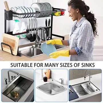 Baarrtt Over The Sink Dish Drying Rack, 2 Tier Racks for Kitchen Counter Pool Large Capacity Stainless Steel Dishes Drain Storage Organizer Shelf with Utensils Holders , Adjustable (33.5-43.3inch)