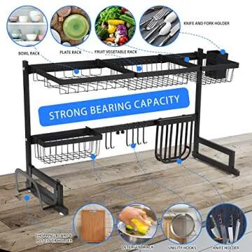 Baarrtt Over The Sink Dish Drying Rack, 2 Tier Racks for Kitchen Counter Pool Large Capacity Stainless Steel Dishes Drain Storage Organizer Shelf with Utensils Holders , Adjustable (33.5-43.3inch)