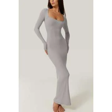 QINSEN Womens Soft Lounge Long Dress Fall Casual Square Neck Ribbed Bodycon Maxi Dresses Grey M