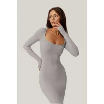 QINSEN Womens Soft Lounge Long Dress Fall Casual Square Neck Ribbed Bodycon Maxi Dresses Grey M