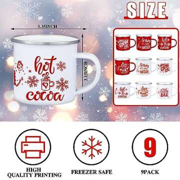 Yaomiao 9 Pcs Hot Cocoa Bar Enamel Mugs with Handles Christmas Coffee Mugs 12 oz Seasonal Enamel Cup Funny Novelty White and Red Tea Cups for Christmas (Cute Style)