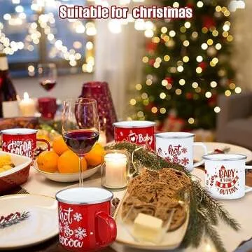 Yaomiao 9 Pcs Hot Cocoa Bar Enamel Mugs with Handles Christmas Coffee Mugs 12 oz Seasonal Enamel Cup Funny Novelty White and Red Tea Cups for Christmas (Cute Style)