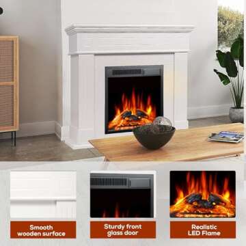 R.W.FLAME 43” Electric Fireplace Mantel Wooden Surround Firebox, TV Stand with Freestanding Electric Fireplace, Remote Control, Adjustable Led Flame, 750W/1500W Pearl White