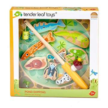 Tender Leaf Toys - Pond Dipping - Wooden Magnetic Fishing Toy for Kids - Length Adjustable Fishing Rod and 8 Pond Animals with Numbers at the Back - Develops Fine Motor Skills, Early Learning - Age 3+