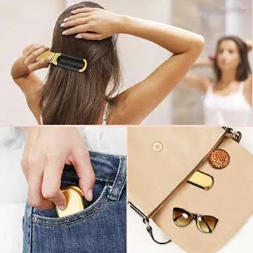 Yusong Mini Travel Hair Brush Set, Folding Hairbrush with Mirror For Women Girls Compact Pocket Size Comb For Purse, Gym, Trip, Swiming (2pcs, Gold&Silver)