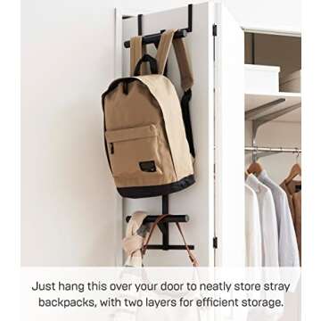 Yamazaki Home Tower Backpack Over The Door Hanger for Closet Or Bedroom, Two-Tiered Bookbag Metal St...