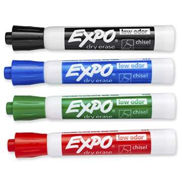 EXPO Low Odor Dry Erase Markers, Chisel Tip, Assorted Colors, 4 Count