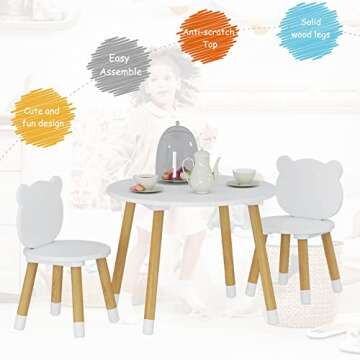 UTEX Kids Wood Table and Chair Set, Kids Play Table with 2 Chairs,3 Pieces Kids Round Table for Toddlers, Girls, Boys,White