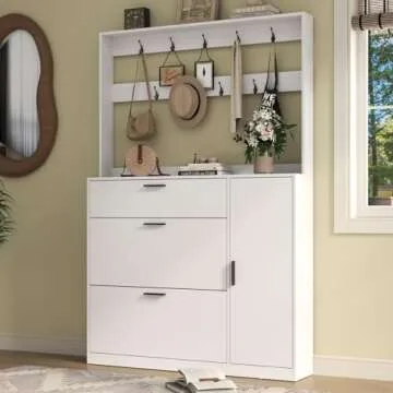Gyfimoie Shoe Cabinet Storage for Entryway, Tall Shoe Organizer Cabinet with Coat Rack & 2 Flip Drawer, Narrow Hidden Shoe Storage Rack for Boots, 2 in 1 Hall Tree for Hallway (White)