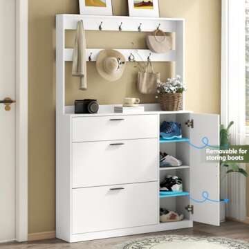 Gyfimoie Shoe Cabinet Storage for Entryway, Tall Shoe Organizer Cabinet with Coat Rack & 2 Flip Drawer, Narrow Hidden Shoe Storage Rack for Boots, 2 in 1 Hall Tree for Hallway (White)