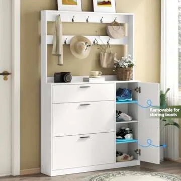 Gyfimoie Shoe Cabinet Storage for Entryway, Tall Shoe Organizer Cabinet with Coat Rack & 2 Flip Drawer, Narrow Hidden Shoe Storage Rack for Boots, 2 in 1 Hall Tree for Hallway (White)