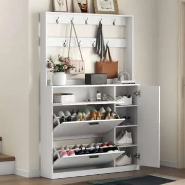 Gyfimoie Shoe Cabinet Storage for Entryway, Tall Shoe Organizer Cabinet with Coat Rack & 2 Flip Drawer, Narrow Hidden Shoe Storage Rack for Boots, 2 in 1 Hall Tree for Hallway (White)