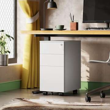 DEVAISE White File Cabinet, Small Filing Cabinet with 3 Drawers with Slim Width for Home Office, Rolling Under Desk Cabinet (11.8 inch)