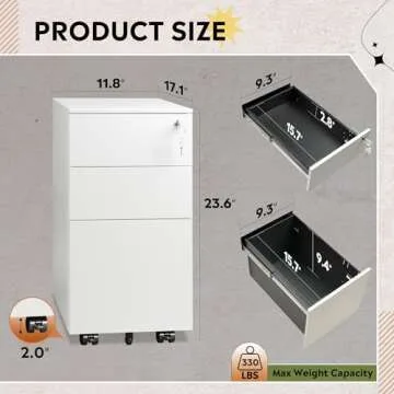 DEVAISE White File Cabinet, Small Filing Cabinet with 3 Drawers with Slim Width for Home Office, Rolling Under Desk Cabinet (11.8 inch)