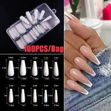 100Pcs Fake Nails Ballerina False Nail Tips UV Gel Acrylic Full Cover Coffin Fake Nail Manicure Beauty Tools(White-100PCS-1Box)