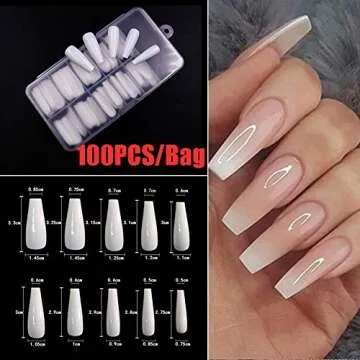 100Pcs Fake Nails Ballerina False Nail Tips UV Gel Acrylic Full Cover Coffin Fake Nail Manicure Beauty Tools(White-100PCS-1Box)