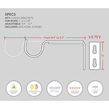 Ivilon Adjustable Brackets for Curtain Rods - for 1 or 1 1/8 Inch Rods. Set of 2 - Warm Gold