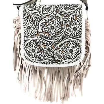 Texas West Western Genuine Leather Cowgirl Crossbody Messenger Fringe Laser Cut Purse Bag in 5 colors (White)