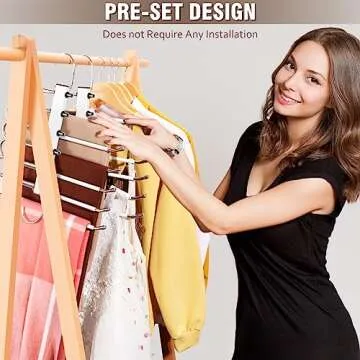 HUITEM 4 Pack 6-Tier Space Saving White Pant Hangers, Anti-Slip, Lightweight, Stainless Steel, Ideal for Closet Organization, Free Installation