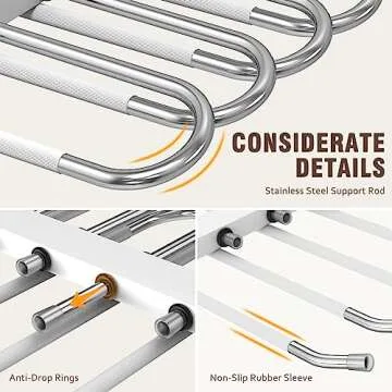 HUITEM 4 Pack 6-Tier Space Saving White Pant Hangers, Anti-Slip, Lightweight, Stainless Steel, Ideal for Closet Organization, Free Installation