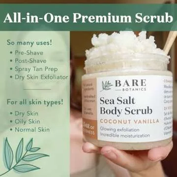 Bare Botanics Unscented Body Scrub 24 oz - Naturally Scented Sea Salt Scrub Made in Madison, WI - Formulated w/Skin Loving Moisturizers - Vegan, Cruelty Free Exfoliator w/a Cute Wooden Spoon