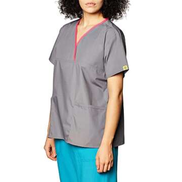 WonderWink Women's Charlie 5 Pocket Y-Neck Wrap Top, Pewter, Medium