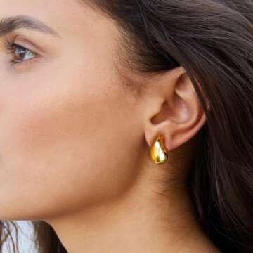 Chunky Gold Hoop Teardrop Earrings For Women 14K Thick Gold Lightweight Waterproof Hollow Open Hoops...